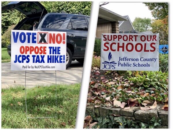 JCPS tax increase opposing yard signs